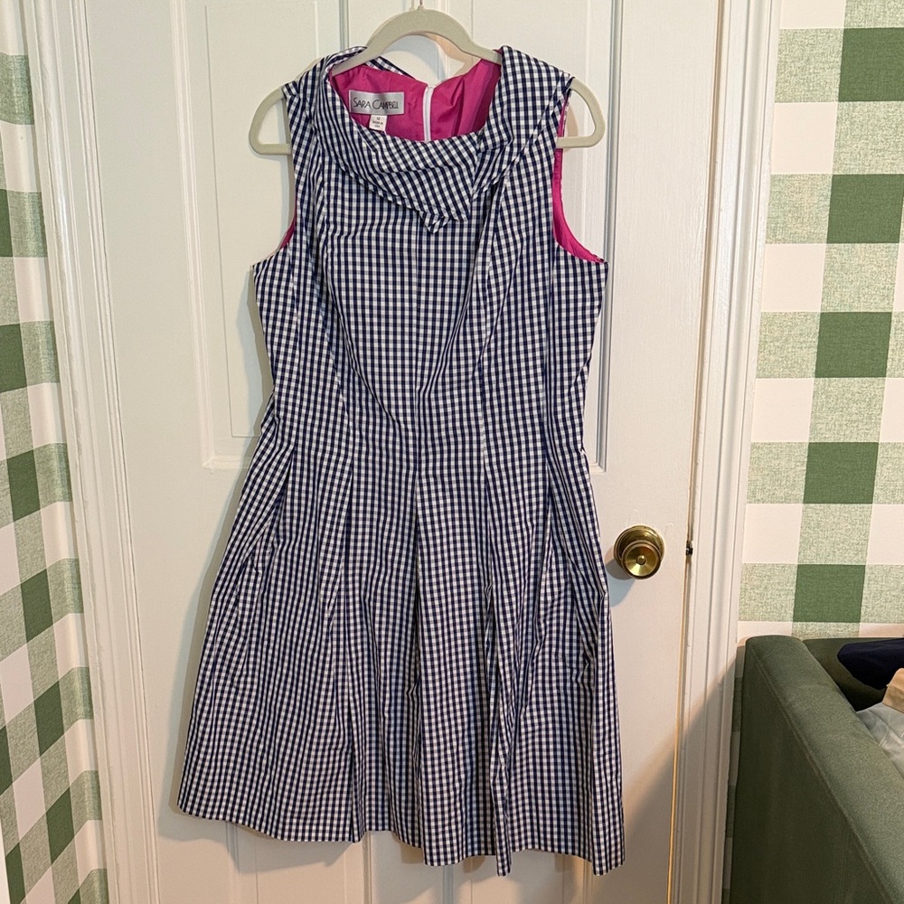 NWT Sara Campbell Navy and White Gingham Dress with Pink Lining Size 12